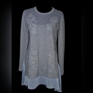 Logo LOUNGE Gray Tunic Sweater with Elegant Embroidered Roses and Chiffon Hem- S